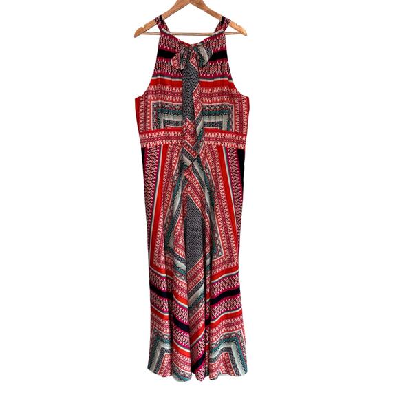 Eliza J Scarf Print‎ Crepe de Chine Maxi Dress Size 20W Halter Red Sleeveless - Picture 3 of 10